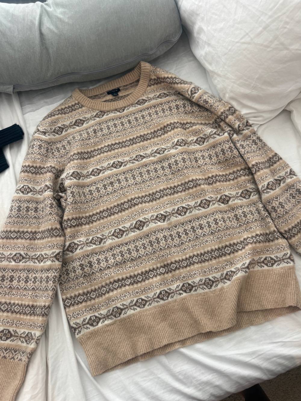 J. Crew Beige and Brown Fair Isle Crewneck Sweater